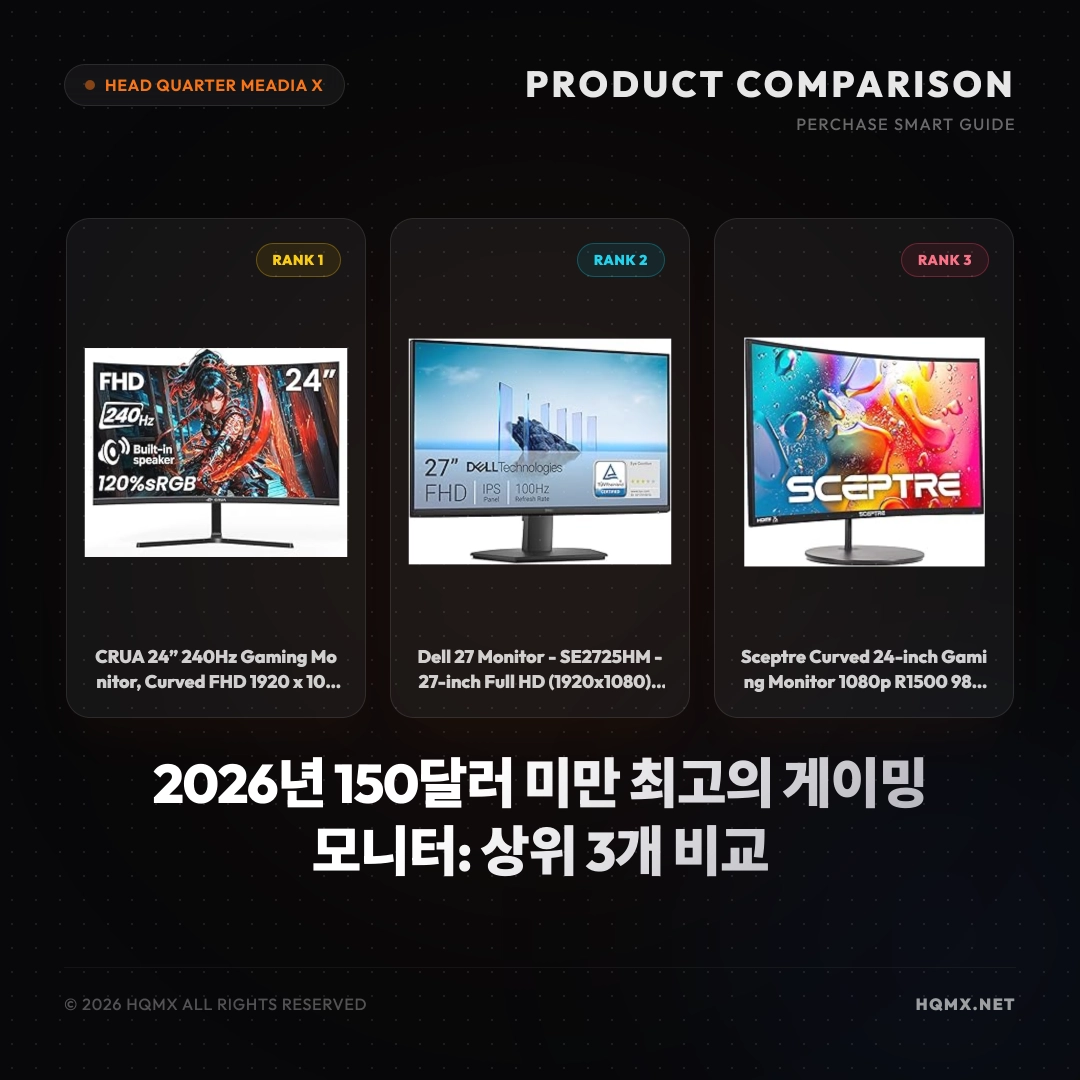 2026년 150달러 미만 최고의 게이밍 모니터: 상위 3개 비교