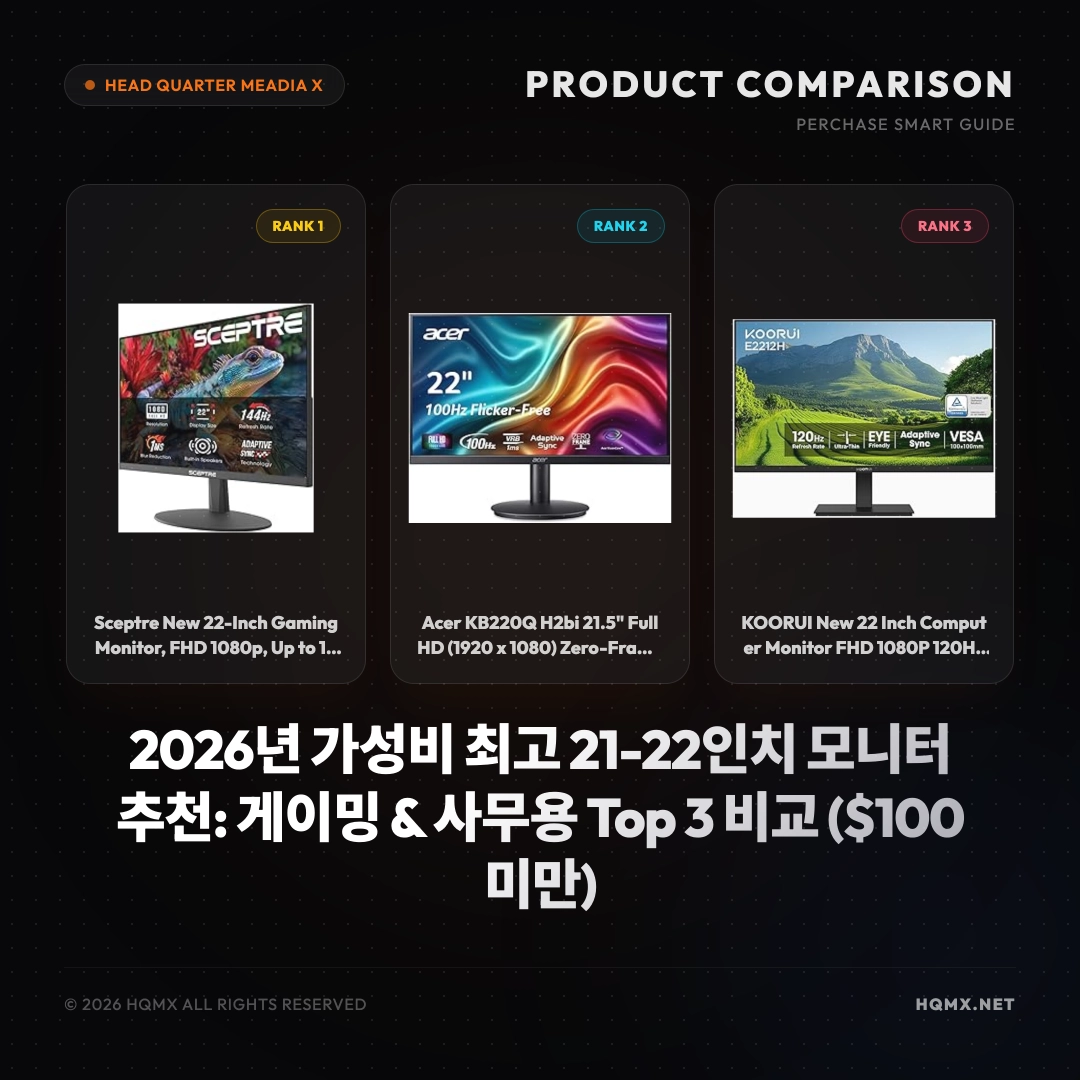 2026년 가성비 최고 21-22인치 모니터 추천: 게이밍 & 사무용 Top 3 비교 ($100 미만)