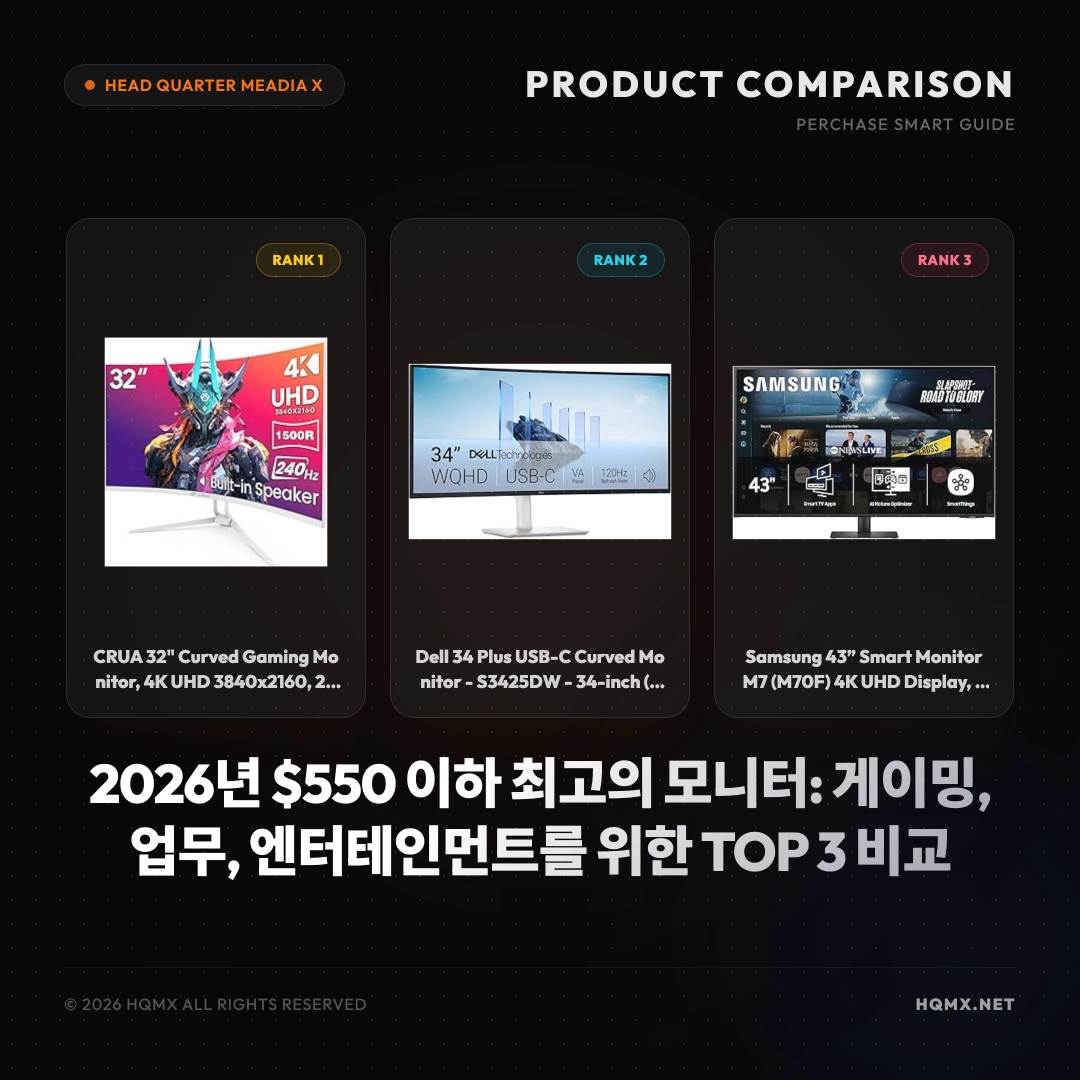 2026년 $550 이하 최고의 모니터: 게이밍, 업무, 엔터테인먼트를 위한 TOP 3 비교