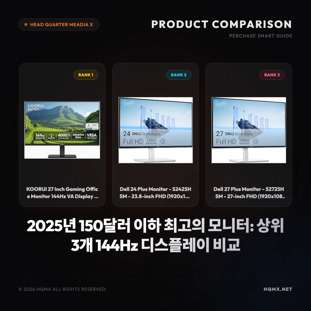 2025년 150달러 이하 최고의 모니터: 상위 3개 144Hz 디스플레이 비교