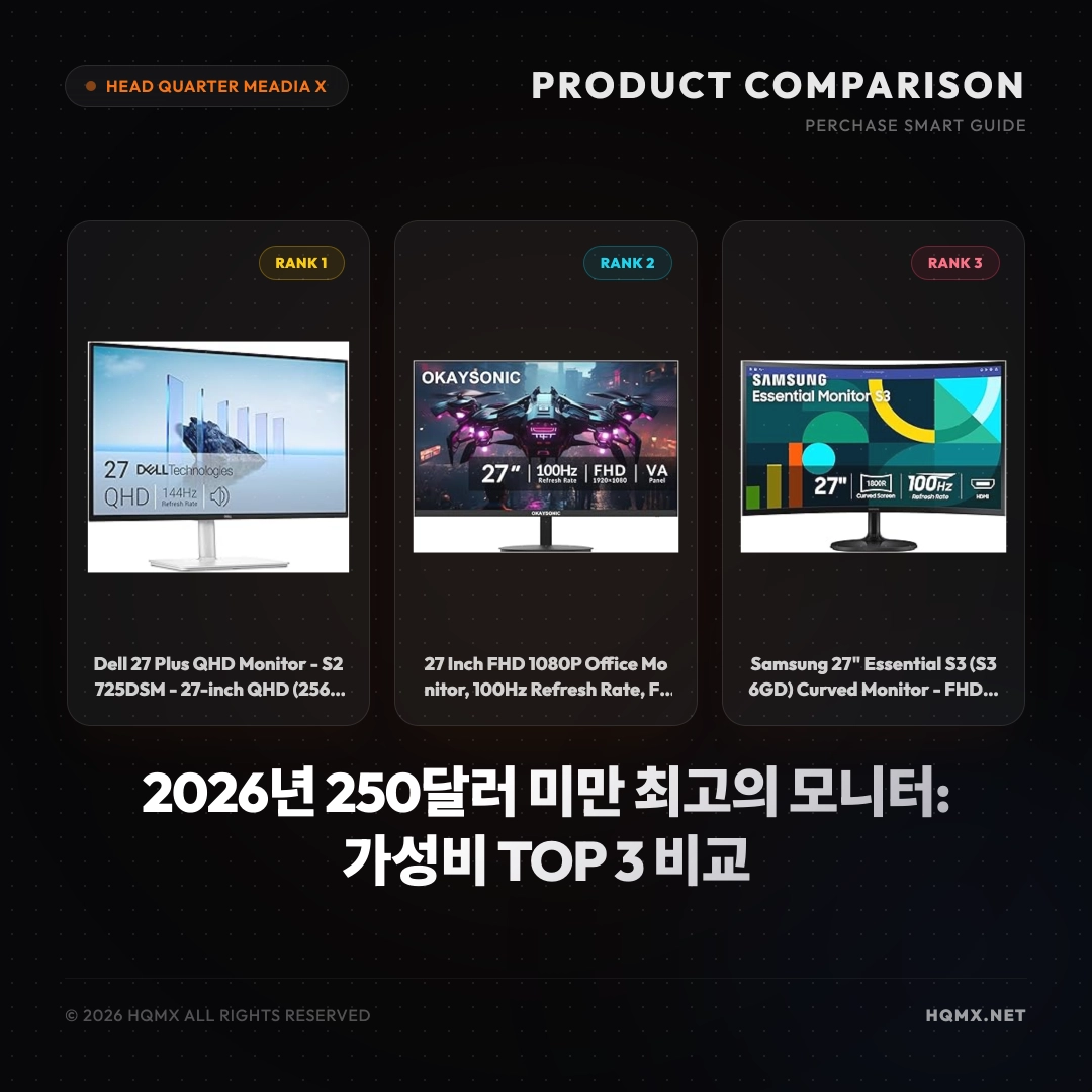 2026년 250달러 미만 최고의 모니터: 가성비 TOP 3 비교