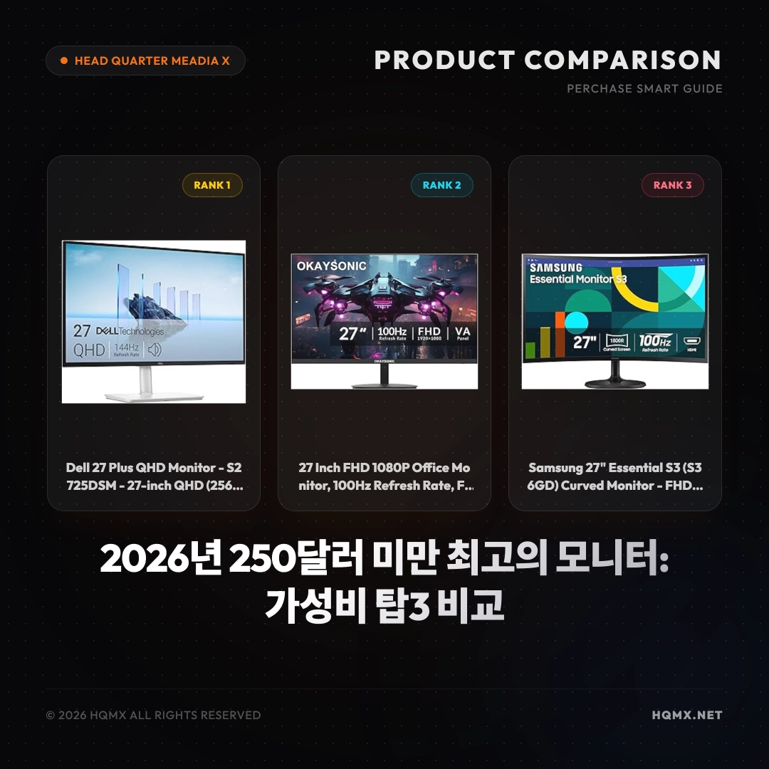 2026년 250달러 미만 최고의 모니터: 가성비 탑3 비교