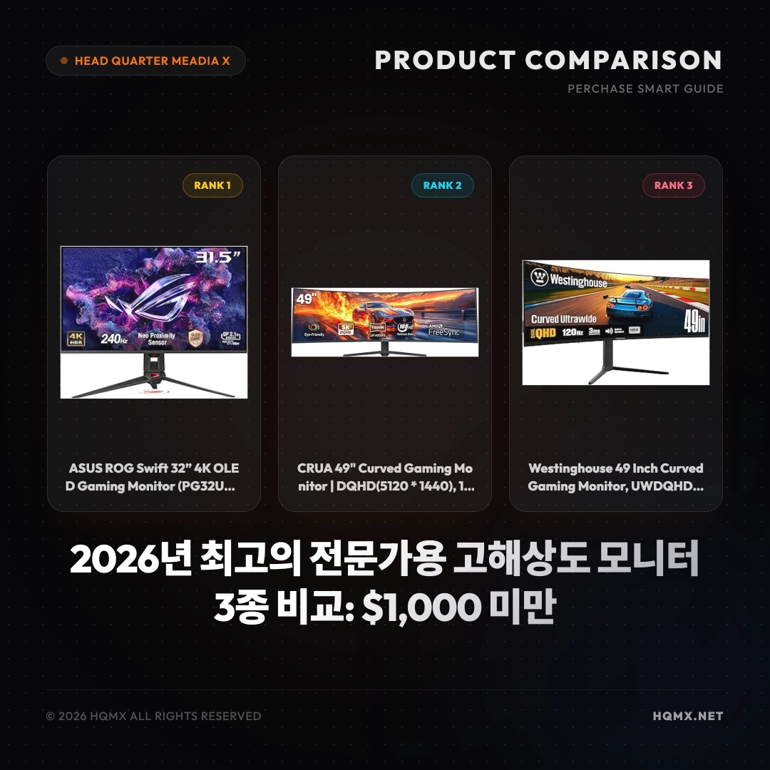 2026년 최고의 전문가용 고해상도 모니터 3종 비교: $1,000 미만