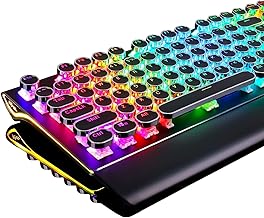 RK ROYAL KLUDGE S108 타자기 키보드, 레트로 기계식 게이밍 키보드 유선 108키 RGB 백라이트 사이드라이트, 분리형 손목 받침대, 라운드 키캡 블루 스위치 - 블랙