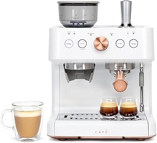 Café Bellissimo Semi Automatic Espresso Machine with Grinder & Milk Frother | Copper Accents | WiFi App Control | Large 95oz Tank | Matte White