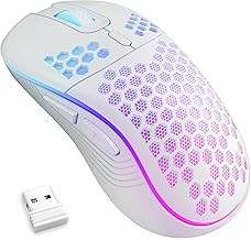 MELOGAGA Wireless Gaming Mouse Honeycomb 2.4G USB Cordless Mouse RGB Rechargeable PC Game Mice with 7-Color LED Lights,4 Adjustable DPI for Windows Laptop Desktop Computers -White