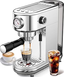 atatix Espresso Machine with Milk Frother, 20 Bar Pressure Espresso Maker, with 44OZ Removable Tank, Compact Stainless Steel Coffee Machine for Home, Office, Latte, Cappuccino, Macchiato, Silver