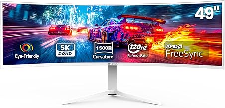 CRUA 49" White Curved Monitor | DQHD(5120 * 1440), 120Hz, 1500R, 32:9, AMD FreeSync, 120% sRGB, Height Adjustable Ultra-Wide Screen Computer Monitors, HDMI 2.1 & DP 1.4, Wall Mount Install