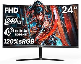 CRUA 24” 240Hz Gaming Monitor, Curved FHD 1920 x 1080P, Built-in Speakers, Support 120% sRGB, AMD FreeSync, Low Motion Blur, Wall Mount Installs Compatible, for Office and Games(HDMI 2.0&DP 1.4)–Black