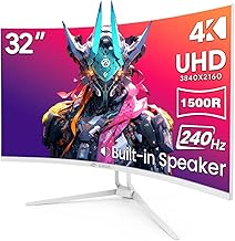 CRUA 32" Curved Gaming Monitor, 4K UHD 3840x2160, 240Hz VA Display, 1500R, AMD FreeSync, 120% sRGB, Built-in Speakers, HDMI 2.1 & DP 1.4, Wall Mountable White PC Monitor for Gaming, Streaming & Work