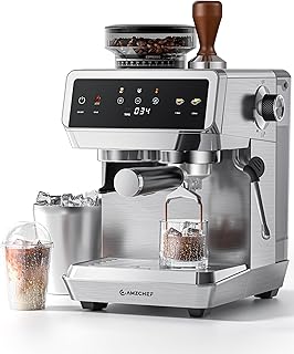 AMZCHEF Espresso Machine With Grinder, 190℉-201℉ Temp Control Coffee machine with 44 Grind Setting, Milk Frother, Touch Screen, Cold Brew, Sliver