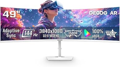 Deco Gear 49" Curved Ultrawide Gaming Monitor, 144Hz DFHD 3840x1080 32:9 VA Display, 1ms MPRT, Adaptive Sync, HDR, 1800R, PIP/PBP, 2 HDMI 2 DisplayPort, White Display for PC & Laptop